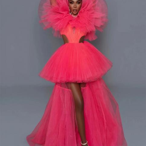 open lace back dress Perrin Fuchsia Pink Feather High Slit Dress Gown main image 1
