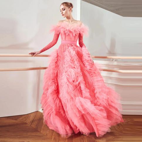 elegant pink ruffle prom gowns party dresses فستان سهرة off the shoulder ruffled tulle long formal dress lace a