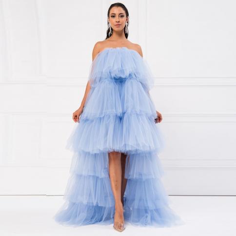 hot sale high low dress for women elastic strapless tulle prom party dresses for wedding party brithday dress blue فس�