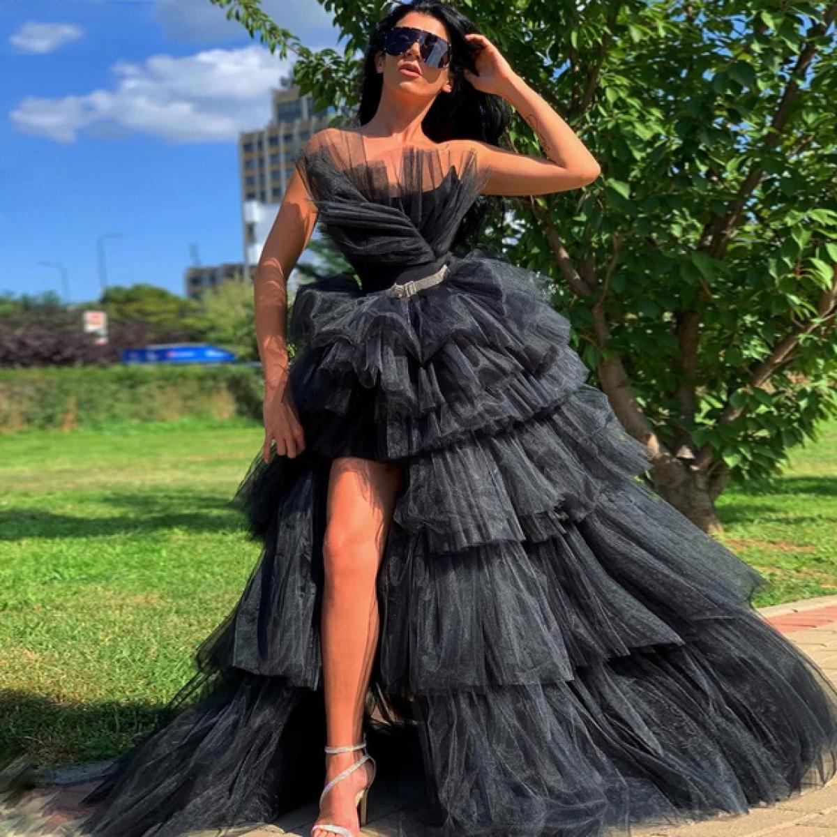 black puffy dresses prom Black Tulle Puffy Short Sleeves A-line Prom Dress, Black Evening Dress –  Cutedressy