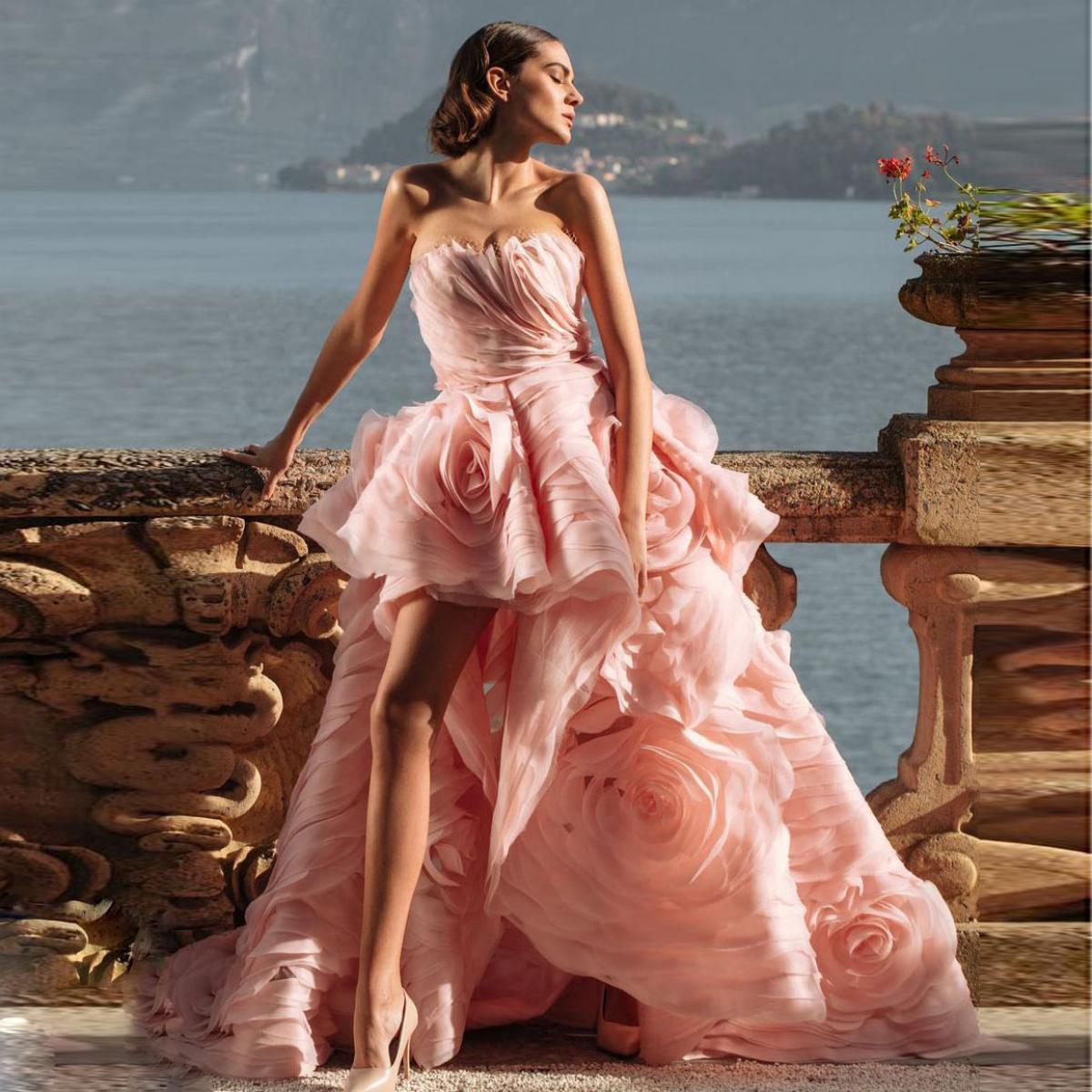 Robes De Soir e Pink High Low Prom Party Dresses Strapless Rose