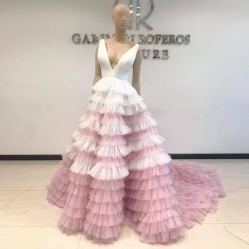 2022 couture robe de soiree שמלות מסיבה אלגנטיות בשכבות טול שמלת ערב רשמית צווארון V צווארון לבן וורוד מסולסל נשף