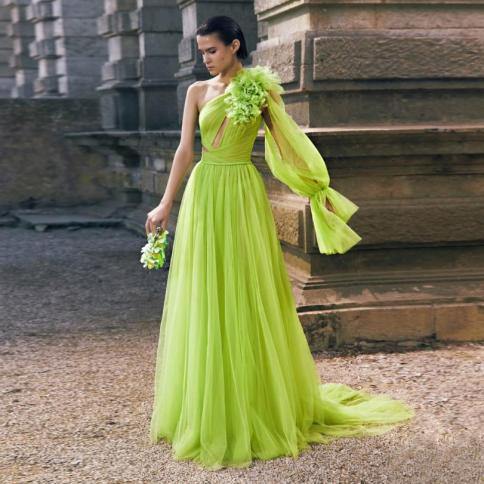 שמלת נשף ארוכה ירוקה אלגנטית כתף אחת קו שמלות מסיבה טול עם פרחים מסולסלים פשוט 2023 ערב רשמי חדש