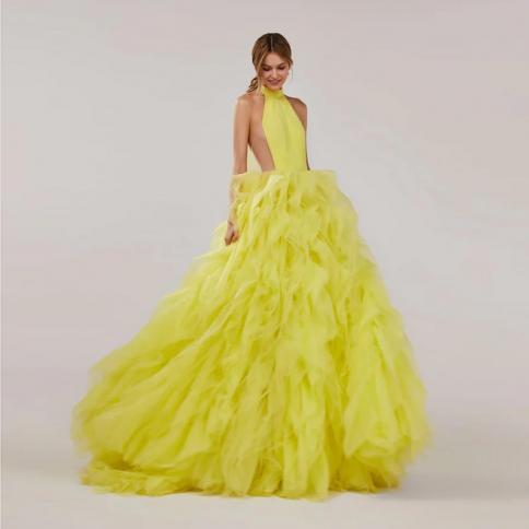 אופנה צווארון גולף חגיגי צהוב שמלת ערב שמלת נשף שמלות מסיבת נשף ארוכות טול מסולסל ללא גב שמלה רשמית מקסי לאישה