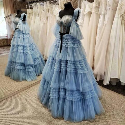 שמלות נשים כחולות מאובקות למדי טול שמלות נשף ארוכות שכבות צילום אמיתיות מפוצצות שמלות מסיבת חתונה vestidos de fiesta cu