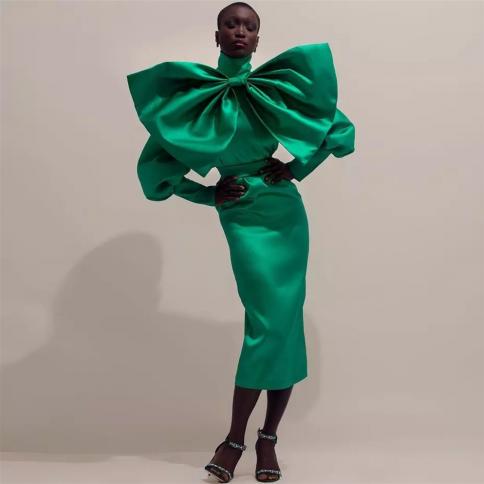 vestidos de gala שמלה אלגנטית ירוקה לנשים לשמלות מסיבת חתונה תה באורך צוואר גבוה דק שמלות נשף קשת גדולה ארוכה s
