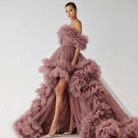 open lace back dress Promfast Pink Lace Off Shoulder Fluffy Tulle Long Sleeve Prom Party Ma main image 0