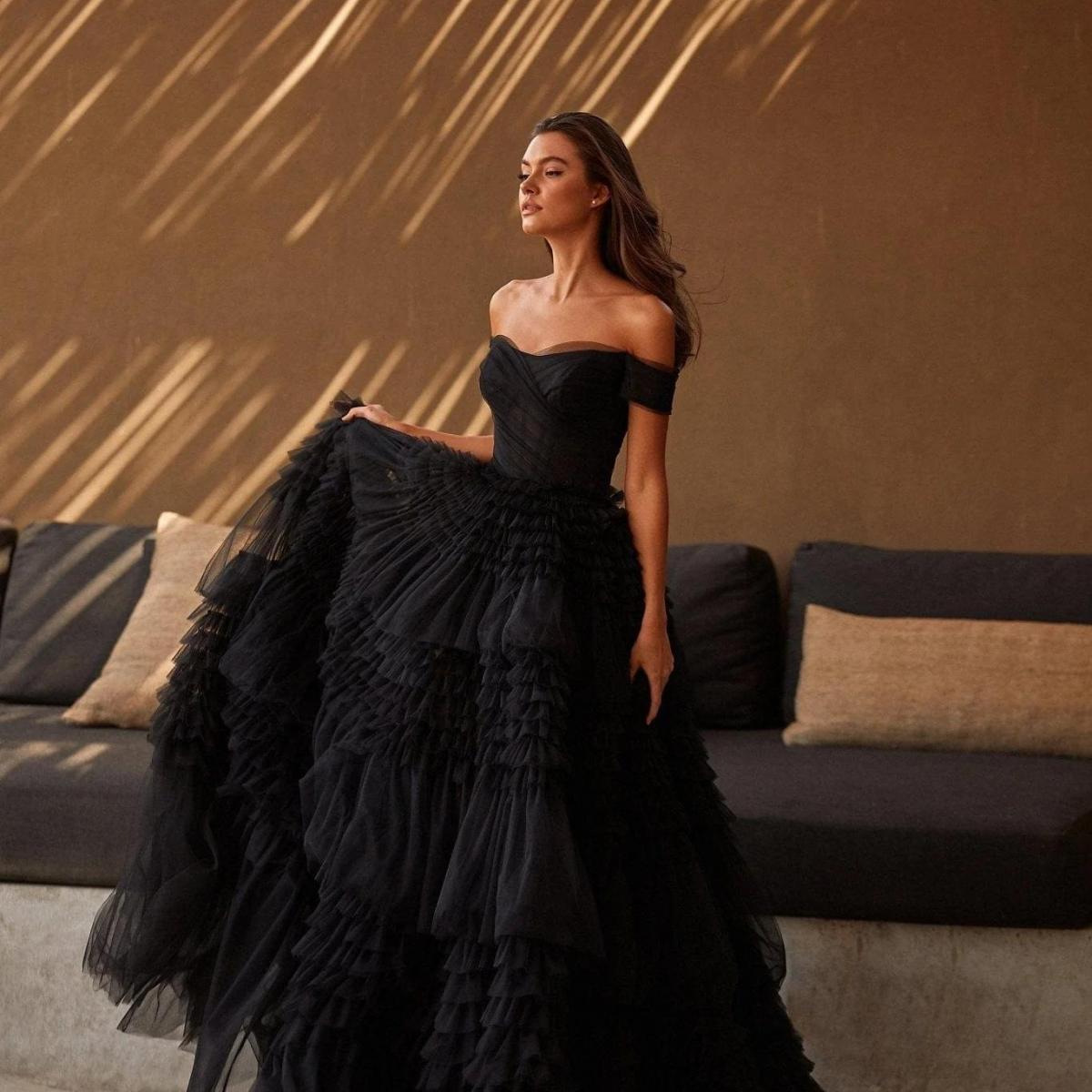 Black Off The Shoulder Frill Layered Prom Gown Formal Dress Tiered Tulle Elegant Evening Party Dresses Formal Occasion D size 40 Color Blue