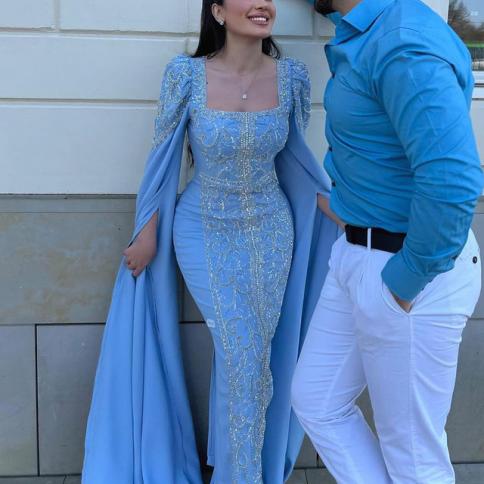 Sharon Said Luxury Dubai Blue Mermaid Muslim Evening Dresses With Cape Sleeves Arabic Women Wedding Engagement Party Gow Color Blue US Size 2 Sharon Said Luxury Dubai Blue Mermaid Muslim Evening Dresses With Cape Sleeves Arabic Women Wedding Engagement Party Gow Color Blue US Size 2