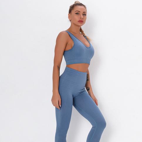 2 Piece Set Workout Clothes For Fitness Women Sports Suit High Waist  Leggings Striped Yoga Set