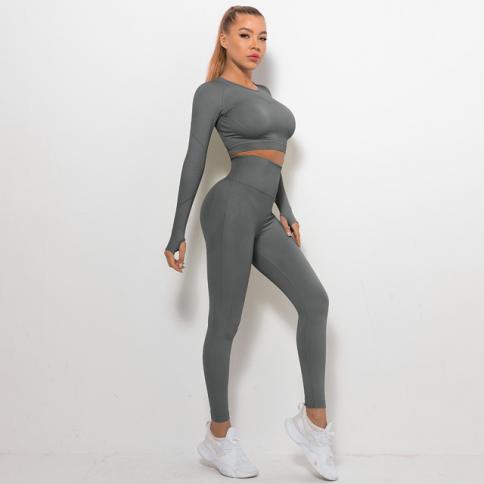 2 Piece Set Sportswear Seamless Yoga Set Women Gym Sports Suits Long Sleeve  Crop Top High