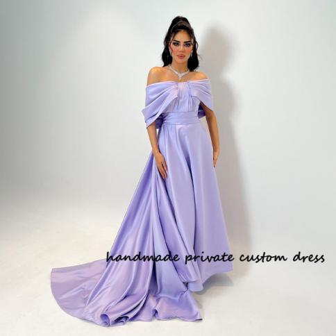Lavender Satin Off Shoulder Evening Dresses A Line Saudi Arabic Celebrate  Prom Dress Dubai Women Formal Party Gowns Cust Color Pink US Size 20W