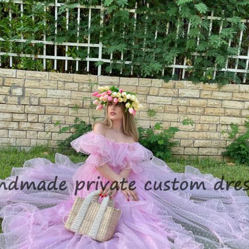Pink Dotted Tulle A Line Homecoming Party Dresses Short Sleeve Off Shoulder  Fairy Party Prom Dress Floor Length Graduati Color Pink US Size 14