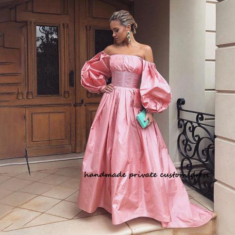 Taffeta A Line Evening Dresses Puffy Sleeve Strapless Princess