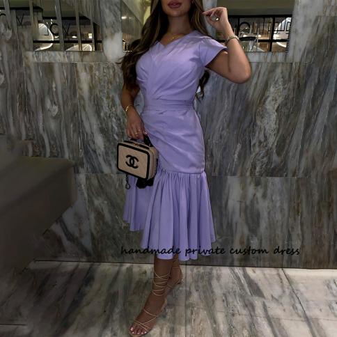 Lavender Mermaid Saudi Arabic Evening Dresses Short Sleeve Draped