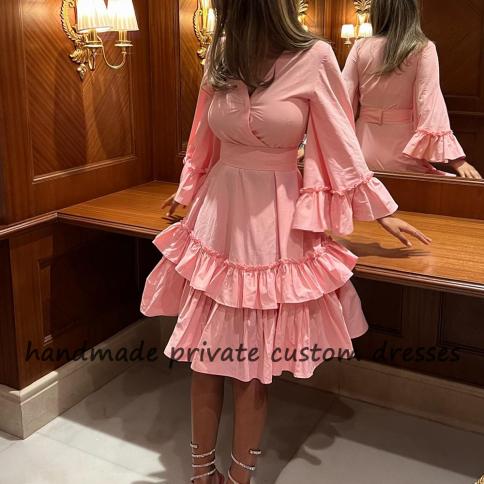 Baby Pink Flared Sleeves Net Gown