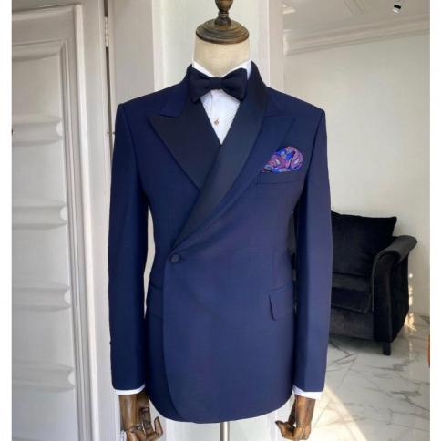Royal Blue Men Suits Double Breasted Splicing Color Party Prom 2 Pieces  Tuxedos