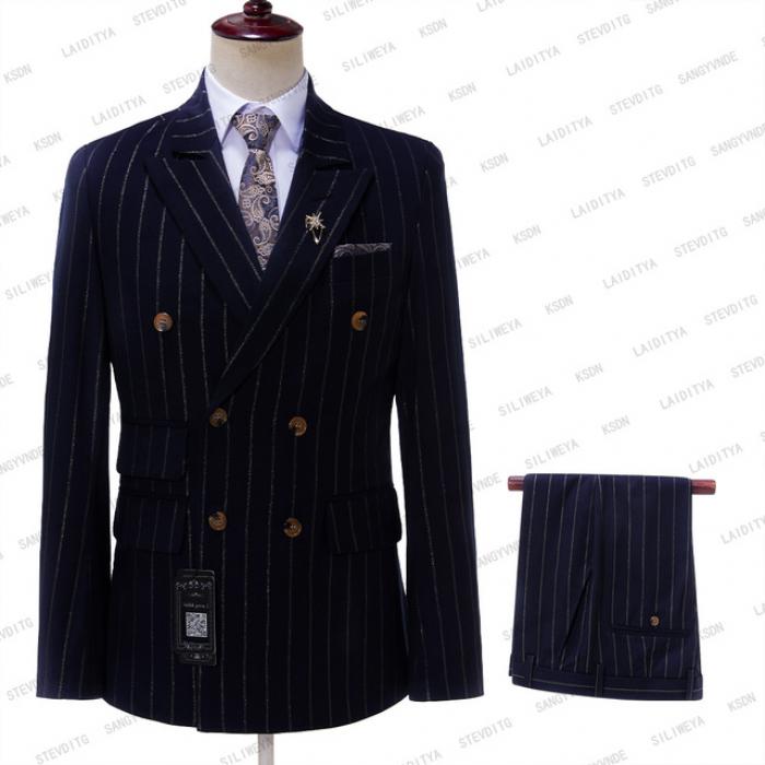 Men Double Breasted Dark Blue Suits 2023 Business Formal Vertical Stri 