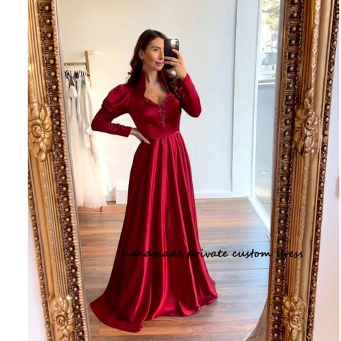 Burgundy Satin Princess Evening Dresses Beads High Neck A Line Church Celebrate Event Dress Long Slevee Vintage Prom Par Color Black US Size 14W Burgundy Satin Princess Evening Dresses Beads High Neck A Line Church Celebrate Event Dress Long Slevee Vintage Prom Par Color Black US Size 14W