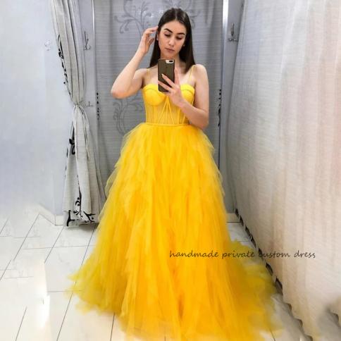 Special Net Strapless Tulle Long Yellow Party Dress with Corset