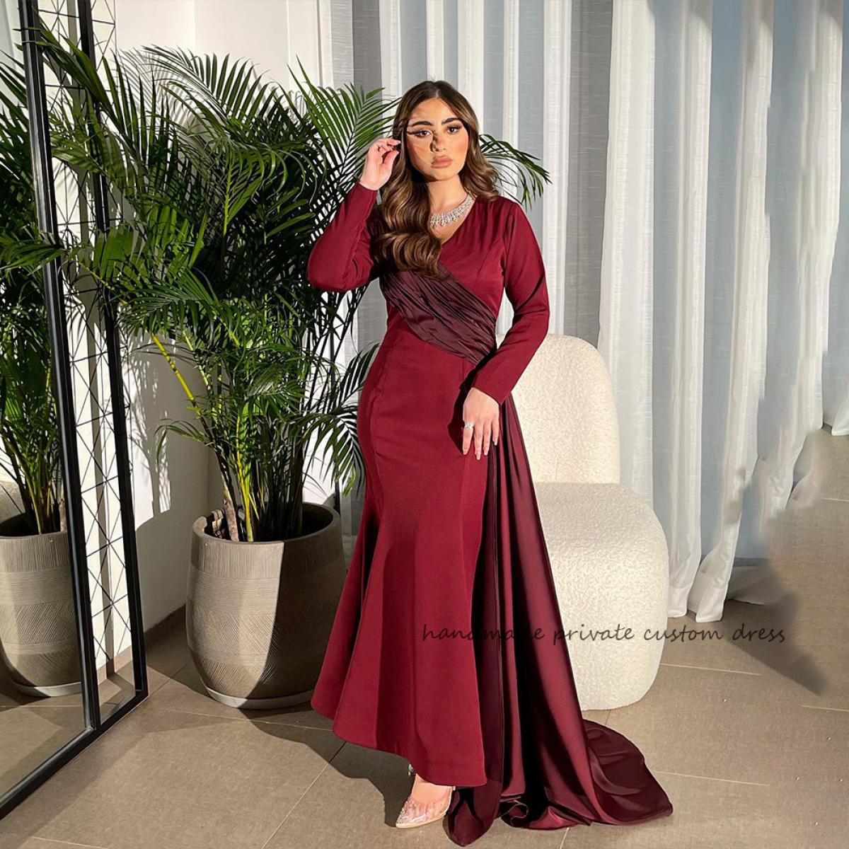 burgundy mermaid dress long sleeve Burgundy Mermaid Queen Anne Long Formal Dress with Lace Long Sleeves main image 1