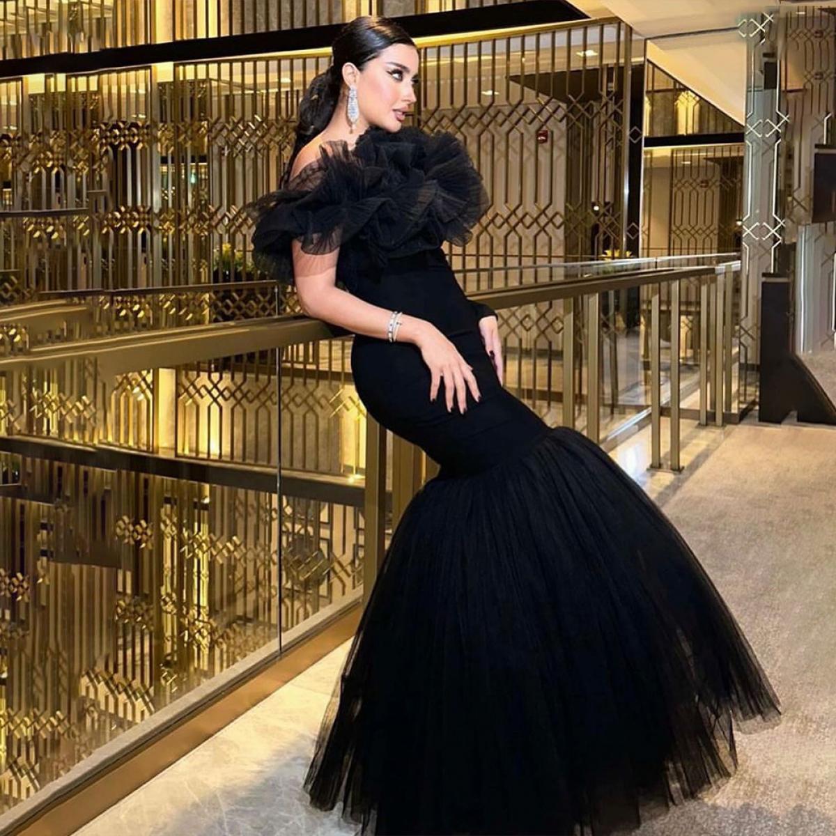 chinese dress ladies Black Halter Sleeveless Applique Tulle Mermaid Formal Dresses – Dbrbridal