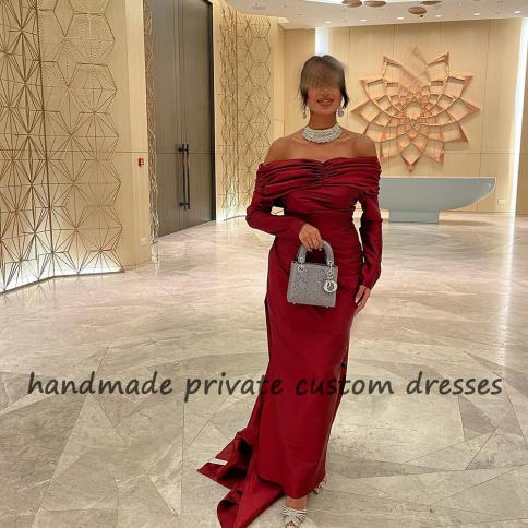 Burgundy Mermaid Saudi Arabic Evening Dresses Pleats Satin Long Sleeve Formal  Prom Dress Backless Dubai Evening Gowns Wi Color Blue US Size 18W