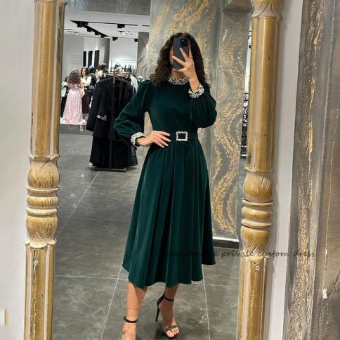 Green Velvet A Line Saudi Arabic Evening Dresses Outfits Beads High Neck Long  Sleeve Midi Dubai Prom Party Gowns With Be Color Black US Size 16
