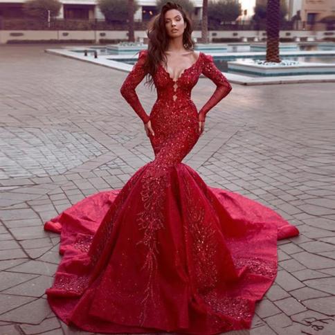 2023 red womens  v neck evening dresses lace applique long sleeve robe formal party prom gowns vestido de noche فست�