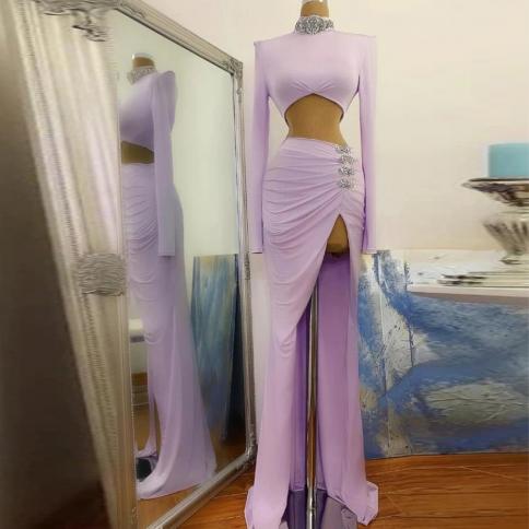 2023 purple soft satin evening dresses pleated  high neck side split mermaid prom gowns long sleeve robe de فستان �