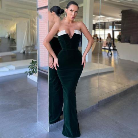slim fit dress slacks Wedtrend Women Glitter Strapless Black Prom Dress with Beading Sequins Long Mermaid Party Dress, Dark Green / US26W