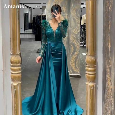 amanda silk satin mermaid prom dress puffy sleeve فستان سهرة long sleeve formal occasion dresses sequins weddin