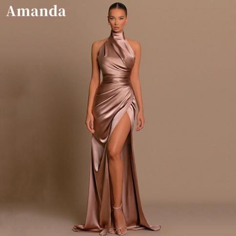 amanda  high neck فستان سهرة silk satin mermaid party dress  side split evening dresses sleeveless fishtail pro