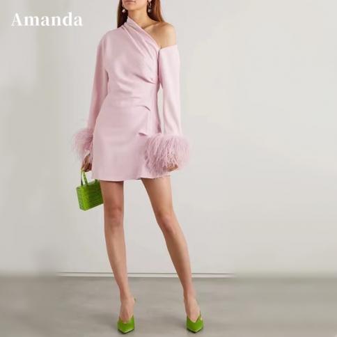 amanda  long sleeve فستان سهرة light pink short party dress grace feather cuffs evening dresses  off shoulder p