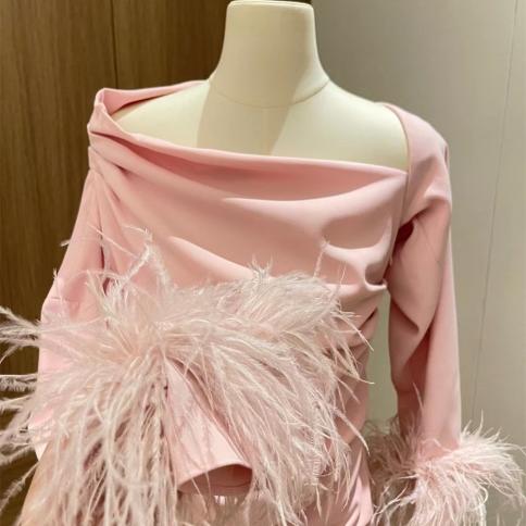 Amanda Long Sleeve   Light Pink Short Party Dress Grace Feather  Cuffs Evening Dresses Off Shoulder P Color custom color US Size 22W