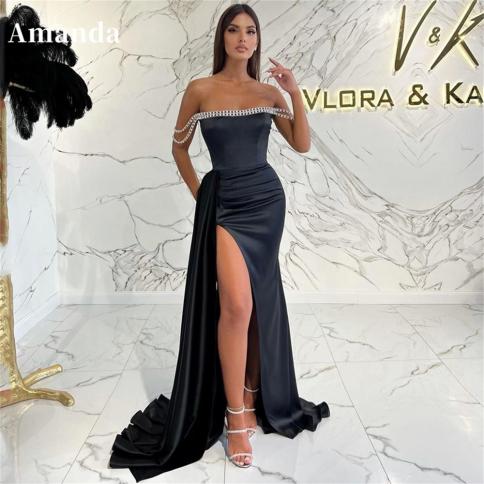 amanda off shoulder mermaid فستان سهرة silk sequin party dress black side split evening dresses fishtail silk p