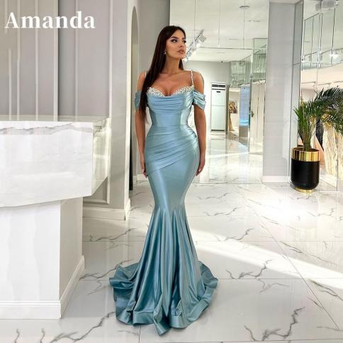 amanda בהיר יהלום כחול שמלת נשף בתולת ים vestidos de noche רצועת ספגטי שמלות לאירוע רשמי