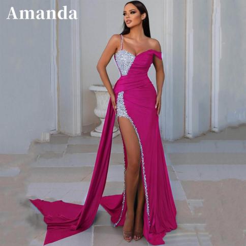 אמנדה פייטים בעבודת יד אלגנטית ורודה לוהטת שמלת נשף מפוצלת בצד vestidos de noche bright diamond שמלת נשף
