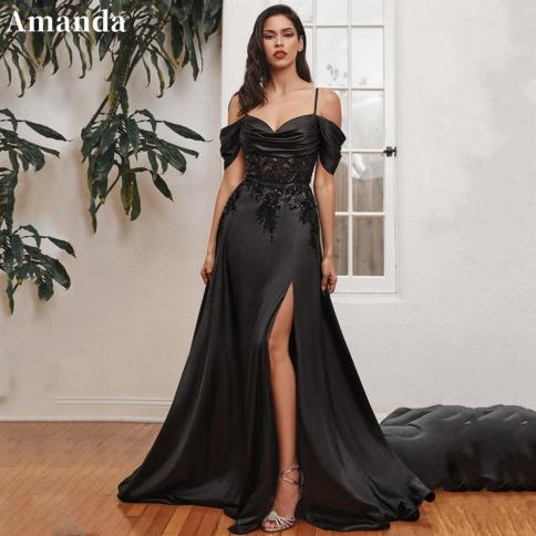 amanda off shoulder שמלת ערב שחורה תחרה רקמת שמלת נשף 2023 צד מפוצלת שמלת מסיבה שמלות לאירוע רשמי