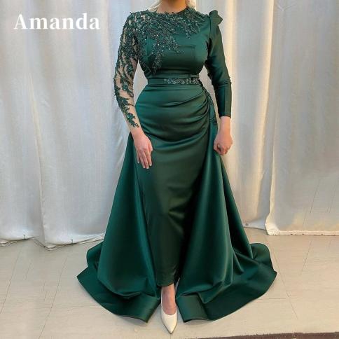 אמנדה ירוקה עם צווארון גבוה vestidos de noche שמלת ערב עם שרוולים ארוכים פייטים רקומים שמלת נשף 2023 שמלת אירוע רשמי
