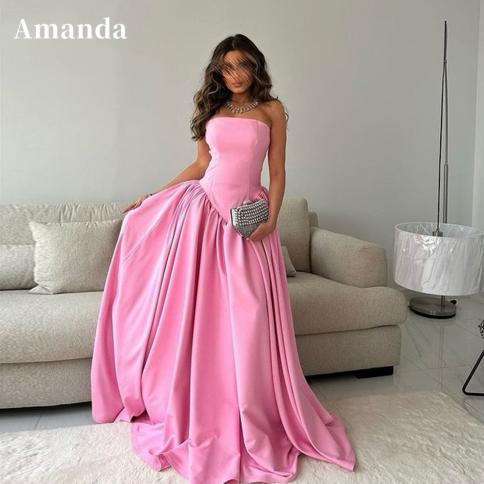 amanda סטרפלס ליין vestidos de noche שמלת ערב סאטן פשוטה ליין שמלת נשף 2023 אירוע רשמי ללא שרוולים