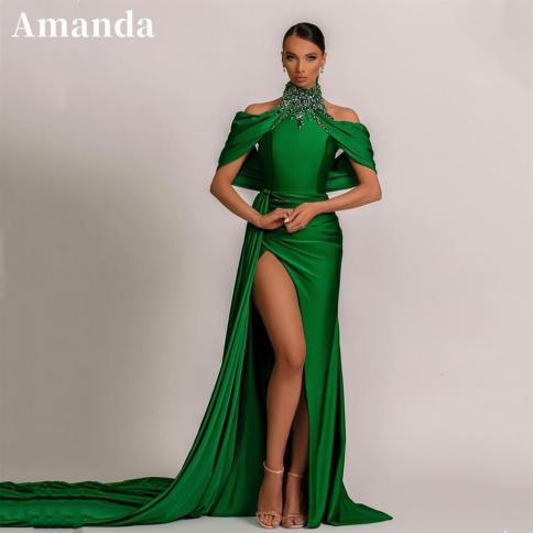 אמנדה צווארון גבוה vestidos de noche בהיר יהלום בתולת ים שמלת נשף אלגנטית שמלות לאירוע רשמי בצבע ירוק מחוץ לכתף