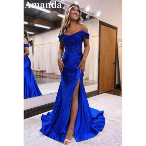 שמלת נשף בתולת ים מפוצלת בצד כתף של אמנדה 2023 תחרה רקומה עצם דג vestidos de noche