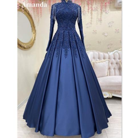 אמנדה יוקרה רקמת תחרה שמלת נשף מוסלמית שמלת ערב עם צווארון גבוה גרייז כחול כהה שמלת מסיבה