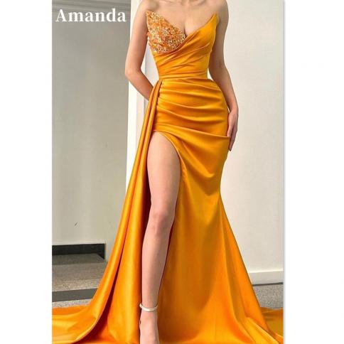 amanda orange mermaid prom dress 2023 فستان سهرة beaded chest vestido de novia strapless prom gown fishtail pa