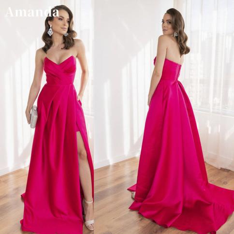 amanda rose pink a line שמלות ערב שמלת נשף סטרפלס שמלת מסיבת סוויפ רכבת שמלת צד פשוט משי מפוצל חלוק דה סוי