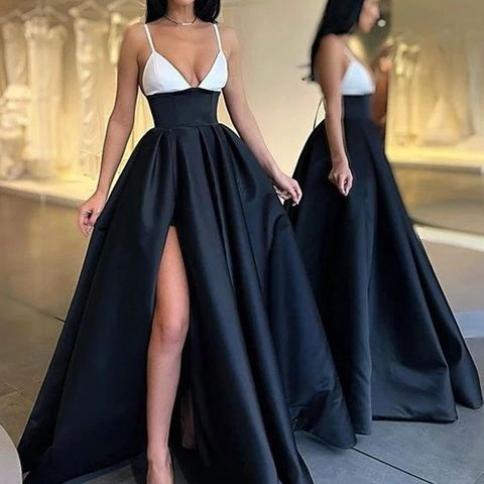 A Line V Neck Black Long Prom Dress with Side Slit, V Neck Black Bridesmaid  Dress, Black Long Evening Dress