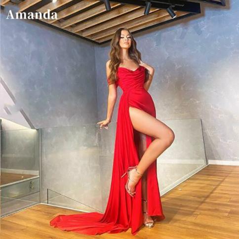 שמלת ערב amanda off shoulder שמלות אירוע רשמי אדומה בתולת ים שמלת נשף 2023 צד חצוצרה משי מפוצלת