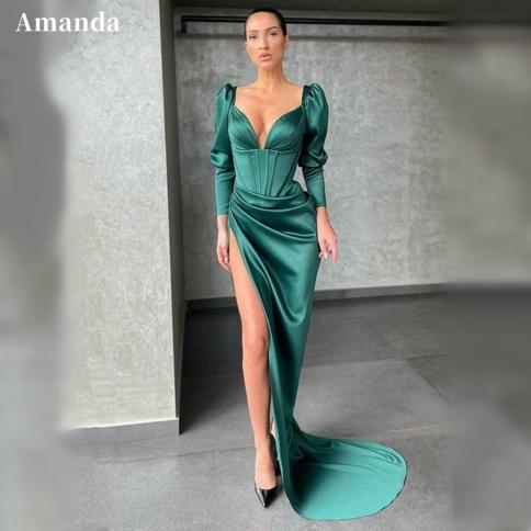 אמנדה שרוול נפוח שמלות אירוע רשמי משי ירוק שמלת נשף בתולת ים 2023 חצוצרה מפוצלת בצד