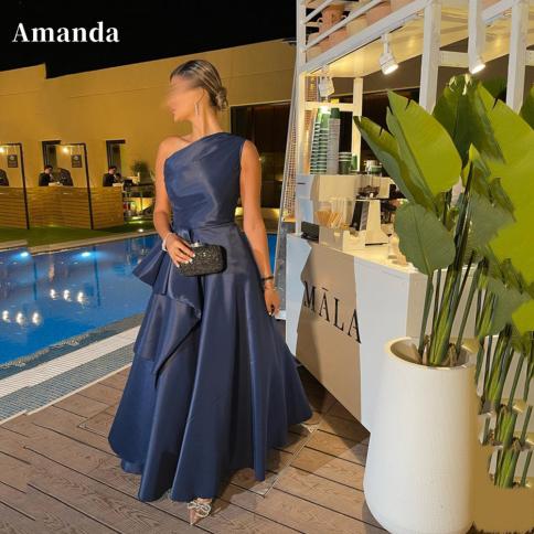 amanda כחול כהה שמלת נשף כתף אחת שמלת ערב אלין שמלת ערב משי באורך רצפת שמלת מסיבה שמלות ערב אלגנטיות